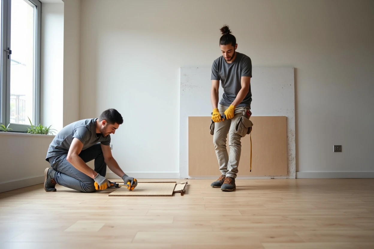 Departamento vacío con piso laminado neutro y zócalos listos para instalación