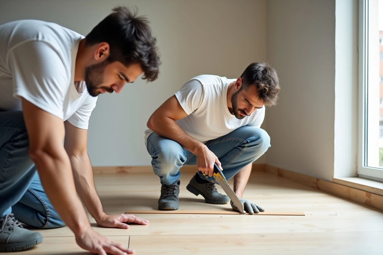 Técnicos revisando la planeidad de la base en un departamento